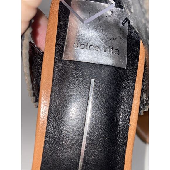 $169 DOLCE VITA ELKA Sz 8.5 Black Perforated Leather Designer Bloc Heels Sandals - Picture 2 of 12